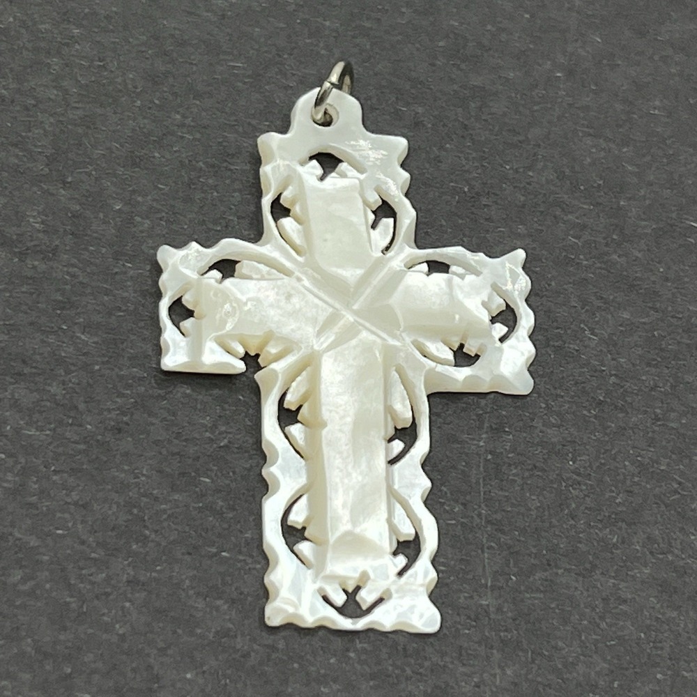 Vintage Carved White Mother of Pearl Cross Pendant Signed Bethlehem